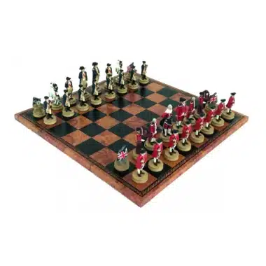 Schachspiel Amerikanische Revolution aus Zinn und Schachbrett aus Kunstleder