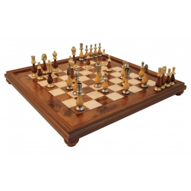 Schachspiel Grand Oriental - Schachbrett aus Wurzelholz und Ulmenholz & Schachspiel aus massivem Messing und Holz
