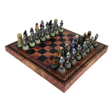 Schachspiel aus Harz Römer gegen Araber und Schachbrett aus Kunstleder mit Stauraum & Schachspiel aus Harz