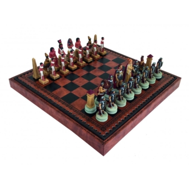 Schachspiel Römer gegen Ägypter aus Harz & Schachbrett aus Kunstleder mit Aufbewahrungsfach