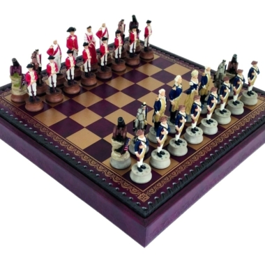 Schachspiel Amerikanischer Unabhängigkeitskrieg aus Harz & Schachbrett aus Kunstleder mit Aufbewahrungsfach