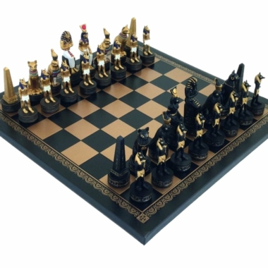Schachspiel Alte Ägypten aus Harz & Schachbrett aus schwarzem und goldenem Kunstleder