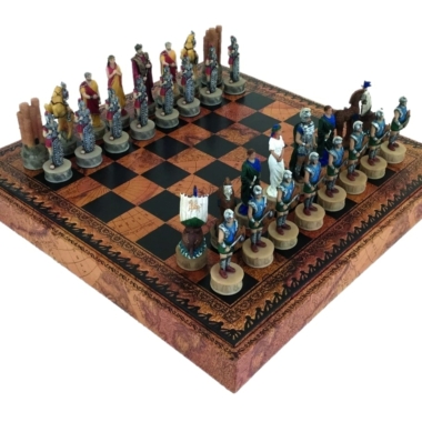 Schachspiel Trojanischer Krieg aus Harz & Schachbrett aus Kunstleder mit Aufbewahrungsfach