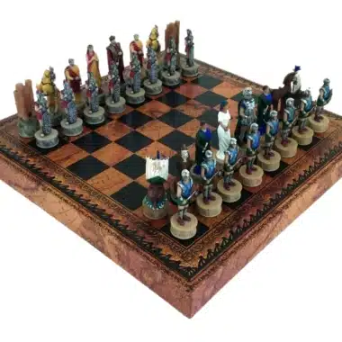 Schachspiel Trojanischer Krieg aus Harz & Schachbrett aus Kunstleder mit Aufbewahrungsfach