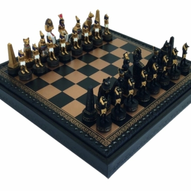 Schachspiel Alte Ägypten aus Harz & Schachbrett aus Kunstleder mit Aufbewahrungsfach