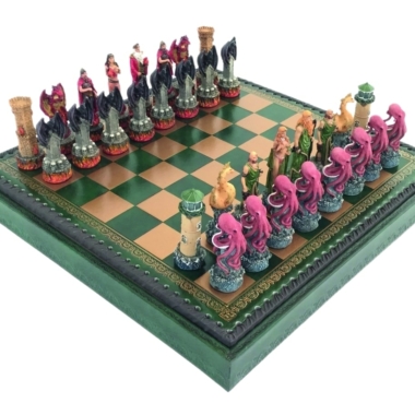 Schachspiel Fantasy Wasser gegen Feuer aus Harz & Schachbrett aus Kunstleder mit Aufbewahrung
