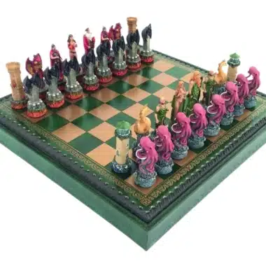 Schachspiel Fantasy Wasser gegen Feuer aus Harz & Schachbrett aus Kunstleder mit Aufbewahrung