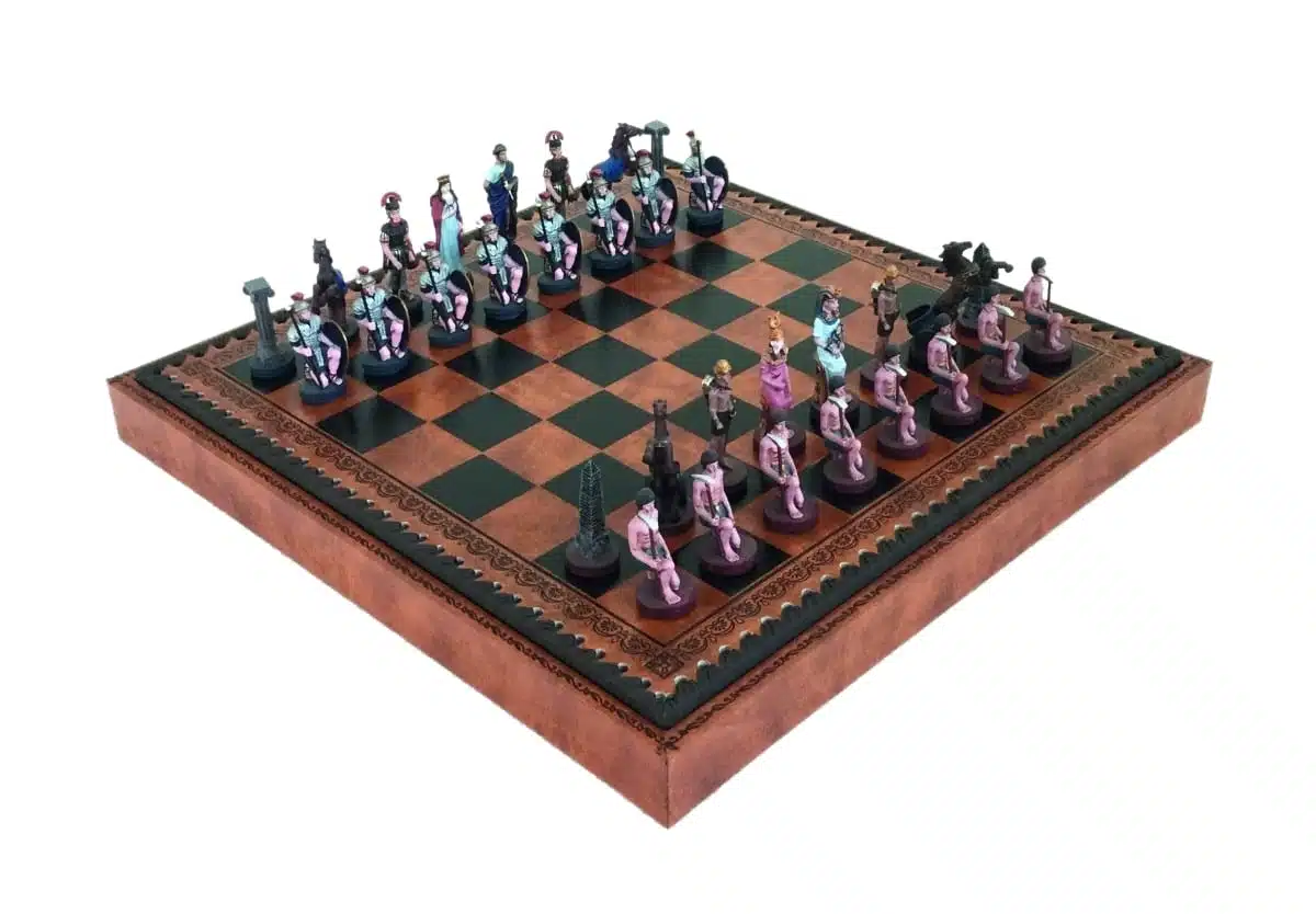 Handbemaltes Schachspiel aus Zinn Römer VS Ägypter und Schachbrett mit Aufbewahrungsfach