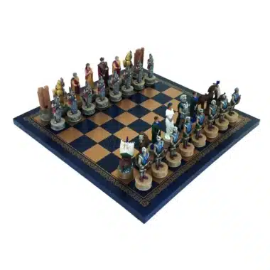Schachspiel aus Resin Griechische Mythologie: Der Trojanische Krieg und Schachbrett aus Kunstleder in Gold und Blau