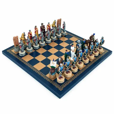 Komplettes Schachspiel zur Schlacht von Troja, Schachbrett in Blau und Gold