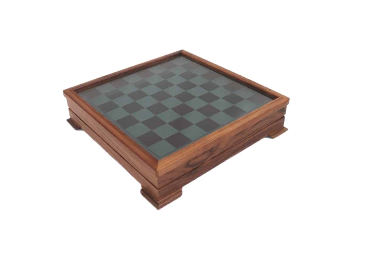 Schachbrett Sockel aus Walnussholz und Glasplatte mit Staunton Schachfiguren aus Holz und Aufbewahrung – Bild 4