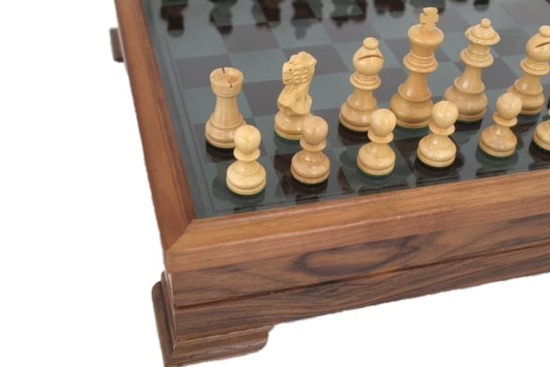 Schachbrett Sockel aus Walnussholz und Glasplatte mit Staunton Schachfiguren aus Holz und Aufbewahrung – Bild 3
