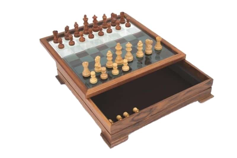 Schachbrett Sockel aus Walnussholz und Glasplatte mit Staunton Schachfiguren aus Holz und Aufbewahrung