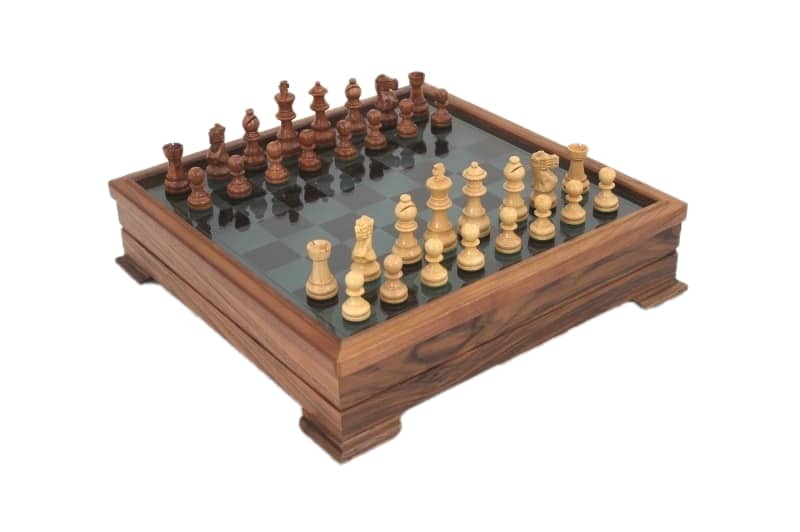 Schachbrett Sockel aus Walnussholz und Glasplatte mit Staunton Schachfiguren aus Holz und Aufbewahrung – Bild 2