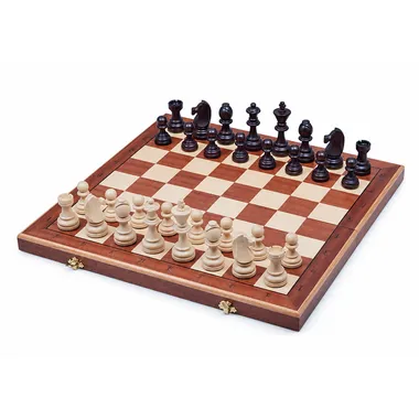 Komplettes Schachspiel mit klappbarem Holz-Schachbrett, helle und dunkle Figuren