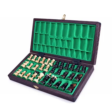 Klappbares Schachspiel aus Holz Pearl, geöffnete Box mit grünen Filzfächern