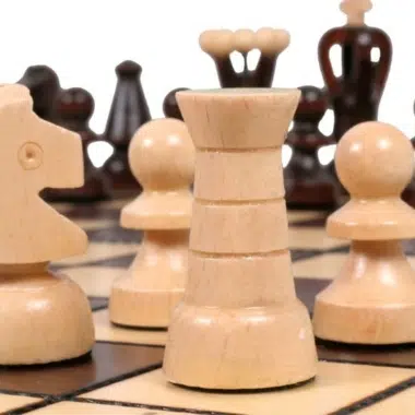 Schachfiguren aus hellem und dunklem Holz, Nahaufnahme von Dame und Bauern