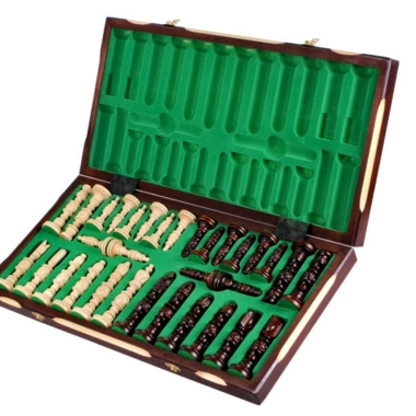 Alternative view of Schachfiguren aus geschnitztem Holz und faltbare Schachbrett aus Holz