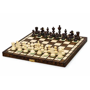 Klappbares Holz-Schachspiel mit Aufbewahrung, schwarze und weiße Figuren in Spielaufstellung
