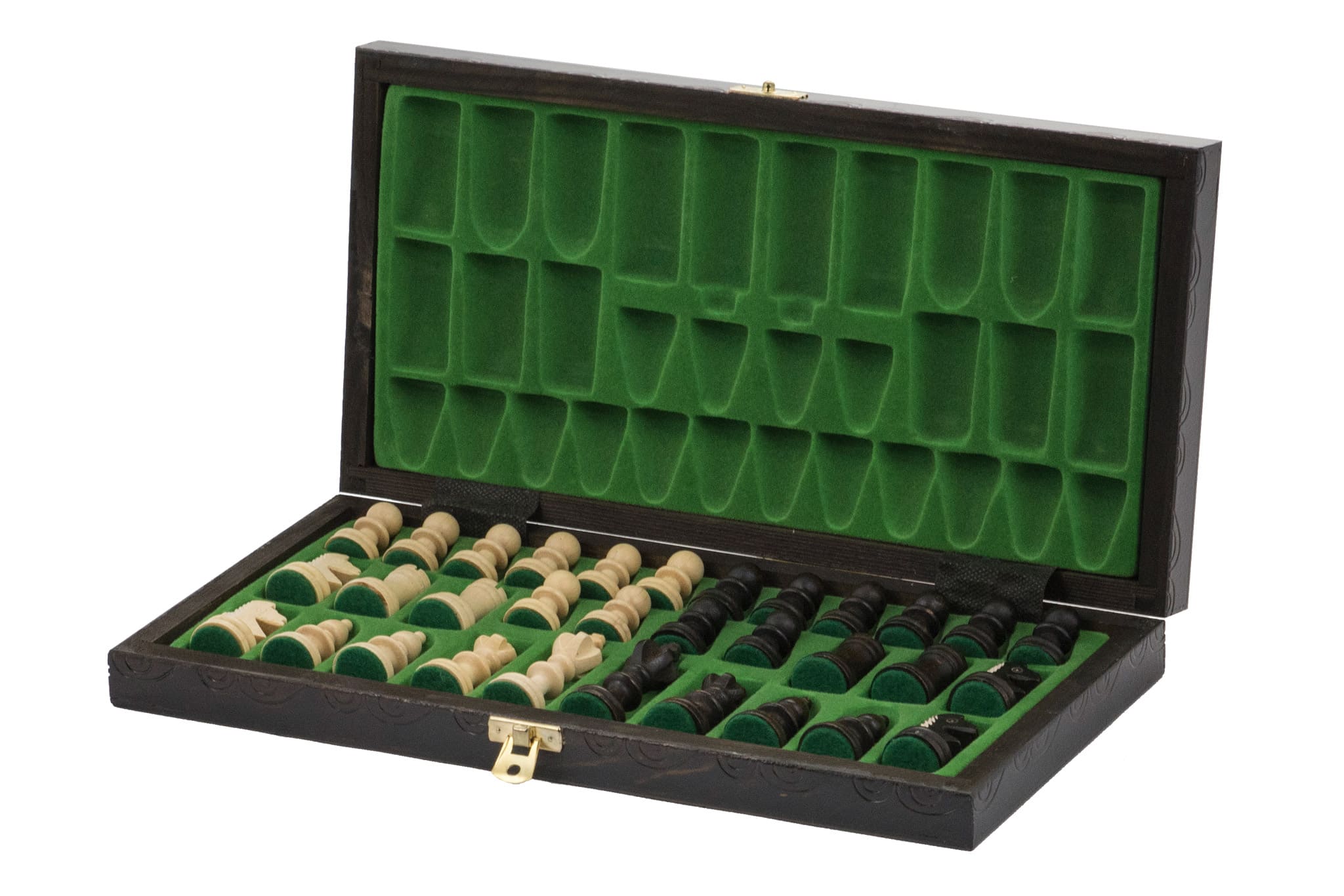 Kleines Klappschachbrett mit Aufbewahrung und Holzschachfiguren – Bild 2