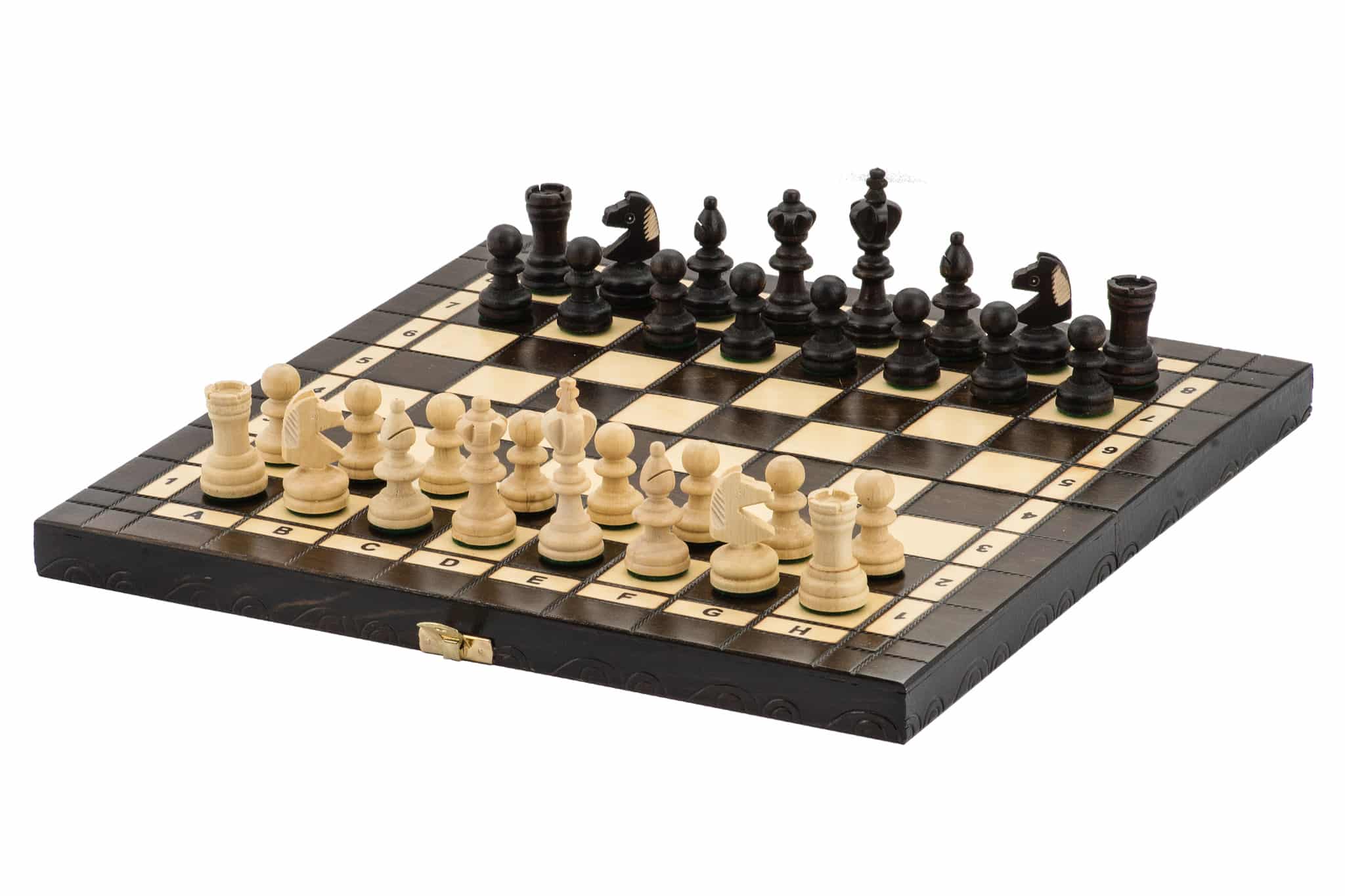 Kleines Klappschachbrett mit Aufbewahrung und Holzschachfiguren