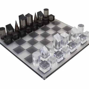 Schachspiel Würfeldesign Grau und Translucent Glänzend aus Plexiglas mit Aufbewahrungsbox