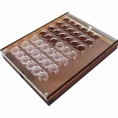 Geöffnetes Plexiglas-Tablett mit Vertiefungen und Aufbewahrung der Spielsteine