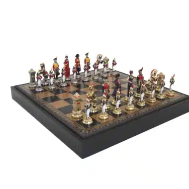 Napoleon Schachspiel handbemalt und Schachbrett aus Kunstleder mit Stauraum