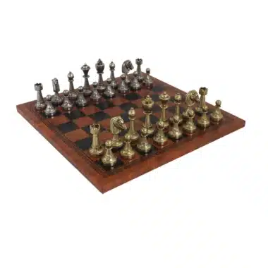 Staunton Schachspiel aus Metall & Schachbrett aus braunem Kunstleder