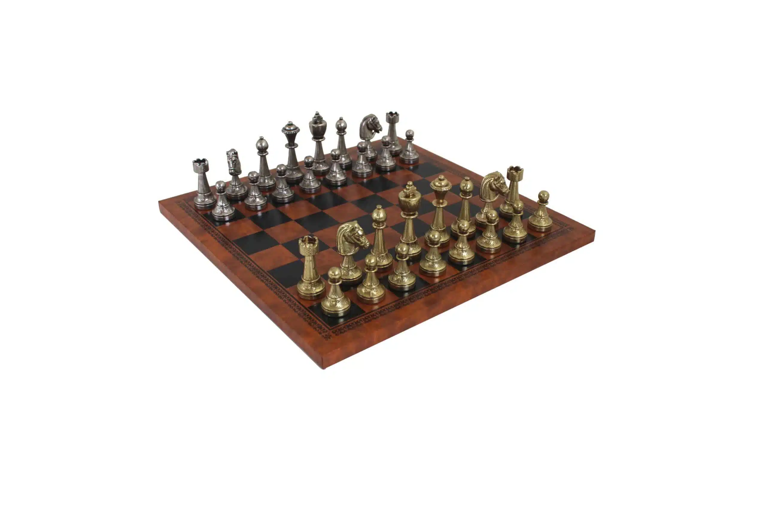Staunton Schachspiel aus Metall & Schachbrett aus braunem Kunstleder
