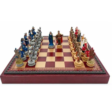 Komplettes König-Artus-Schachspiel auf Kunstleder-Schachbrett mit Aufbewahrungsbox