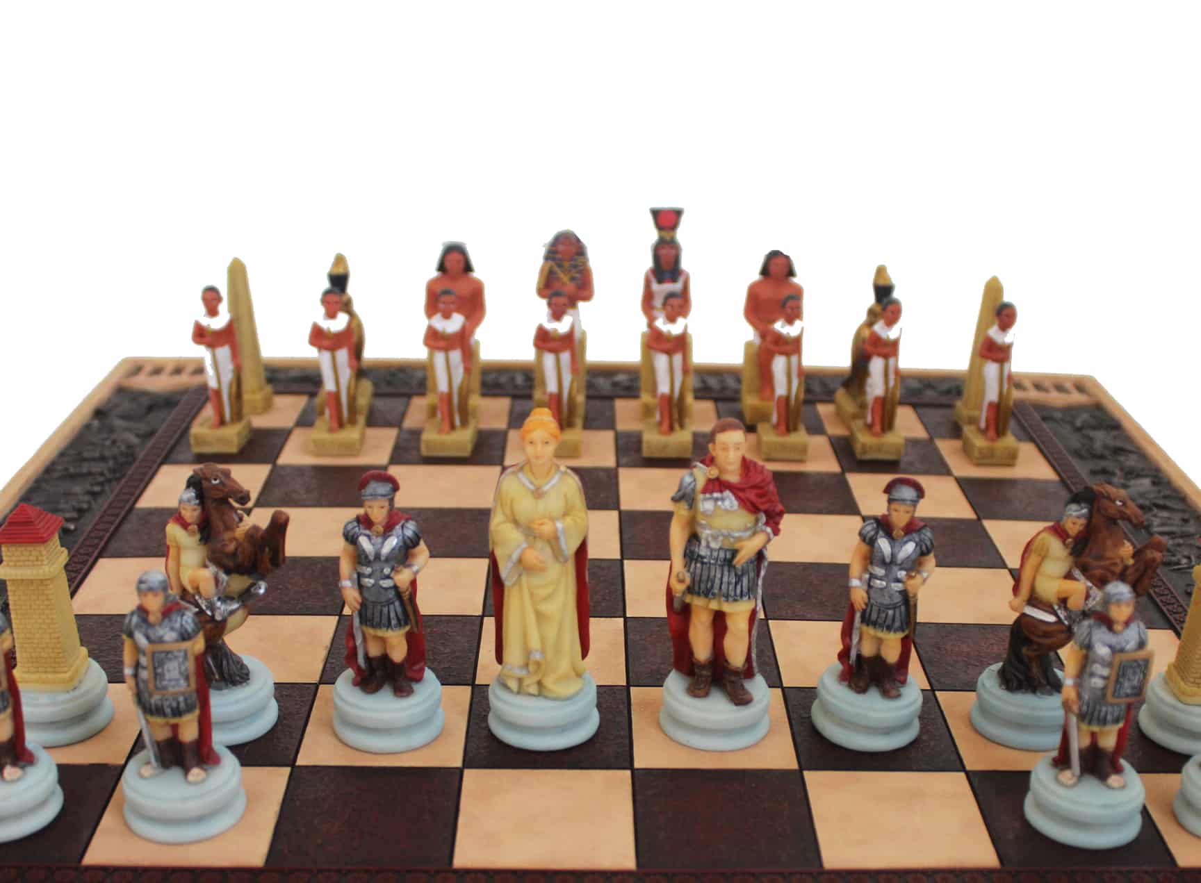 Schachspiel aus Harz Römisch gegen Ägyptisch und verziertes Harz-Schachbrett – Bild 2