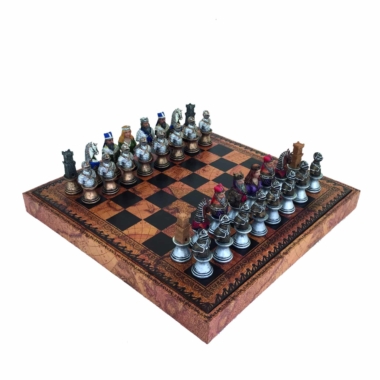 Medieval Bust Set IV Schachbrett mit Kunstlederaufbewahrung & handbemaltem Schachspiel