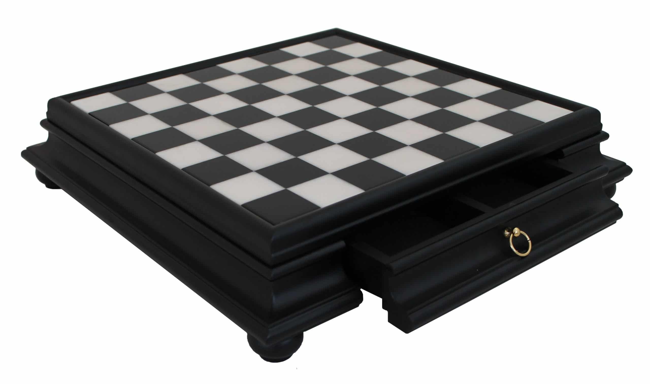 Schwarz-weißes Schachspiel aus Holz und Schachbrett auf Fuß mit Schublade – Bild 7