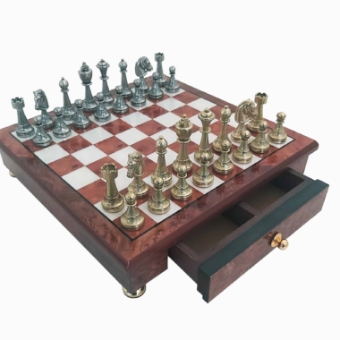 Staunton Schachfiguren und Schachbrett auf Fuß mit Holz-Aufbewahrungsschublade