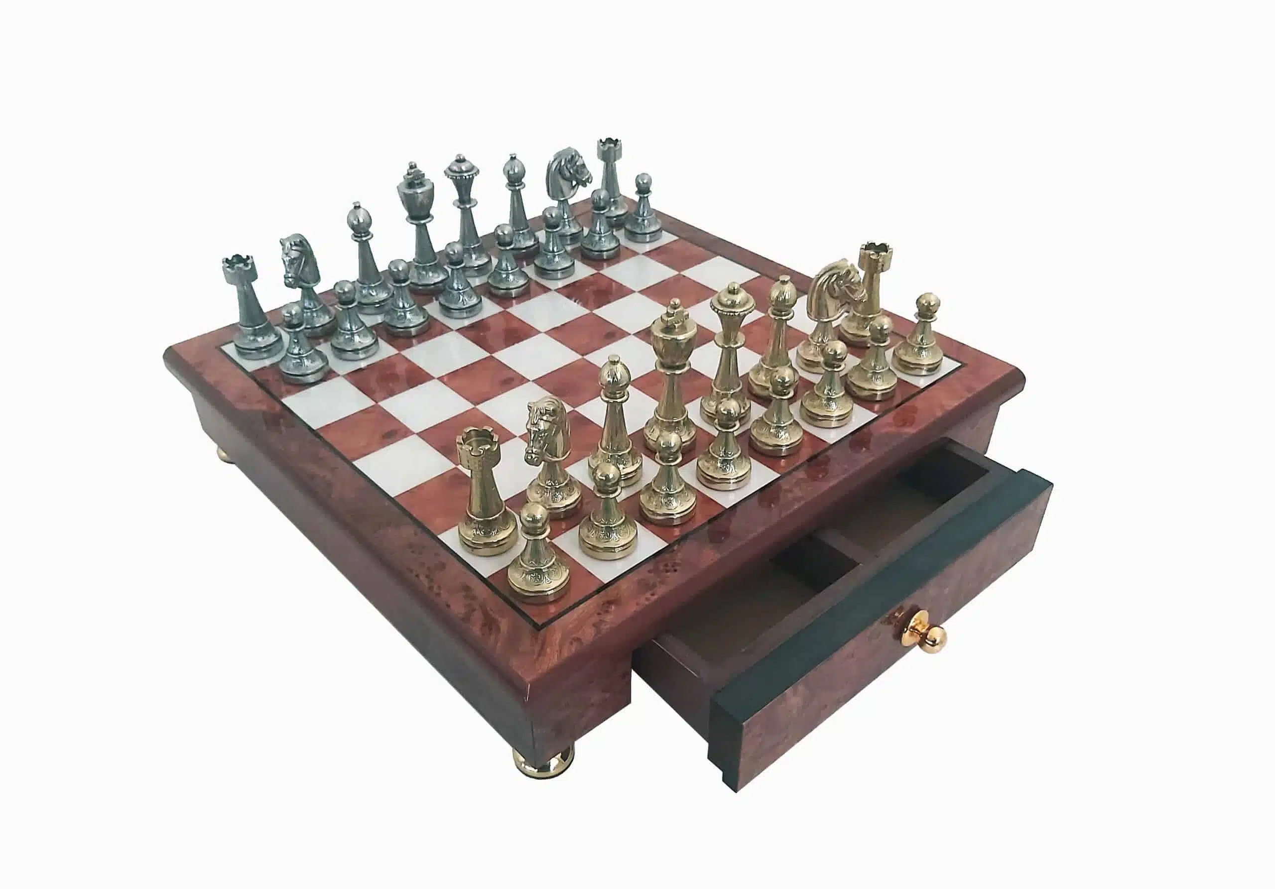 Staunton Schachfiguren und Schachbrett auf Fuß mit Holz-Aufbewahrungsschublade