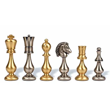 Schachfiguren aus goldenem und silbernem Messing, Detail von Dame, Bauer, Springer und Turm