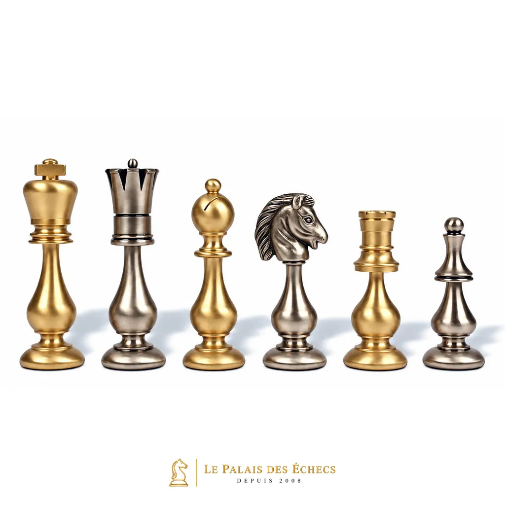 Schachfiguren aus goldenem und silbernem Messing, Detail von Dame, Bauer, Springer und Turm