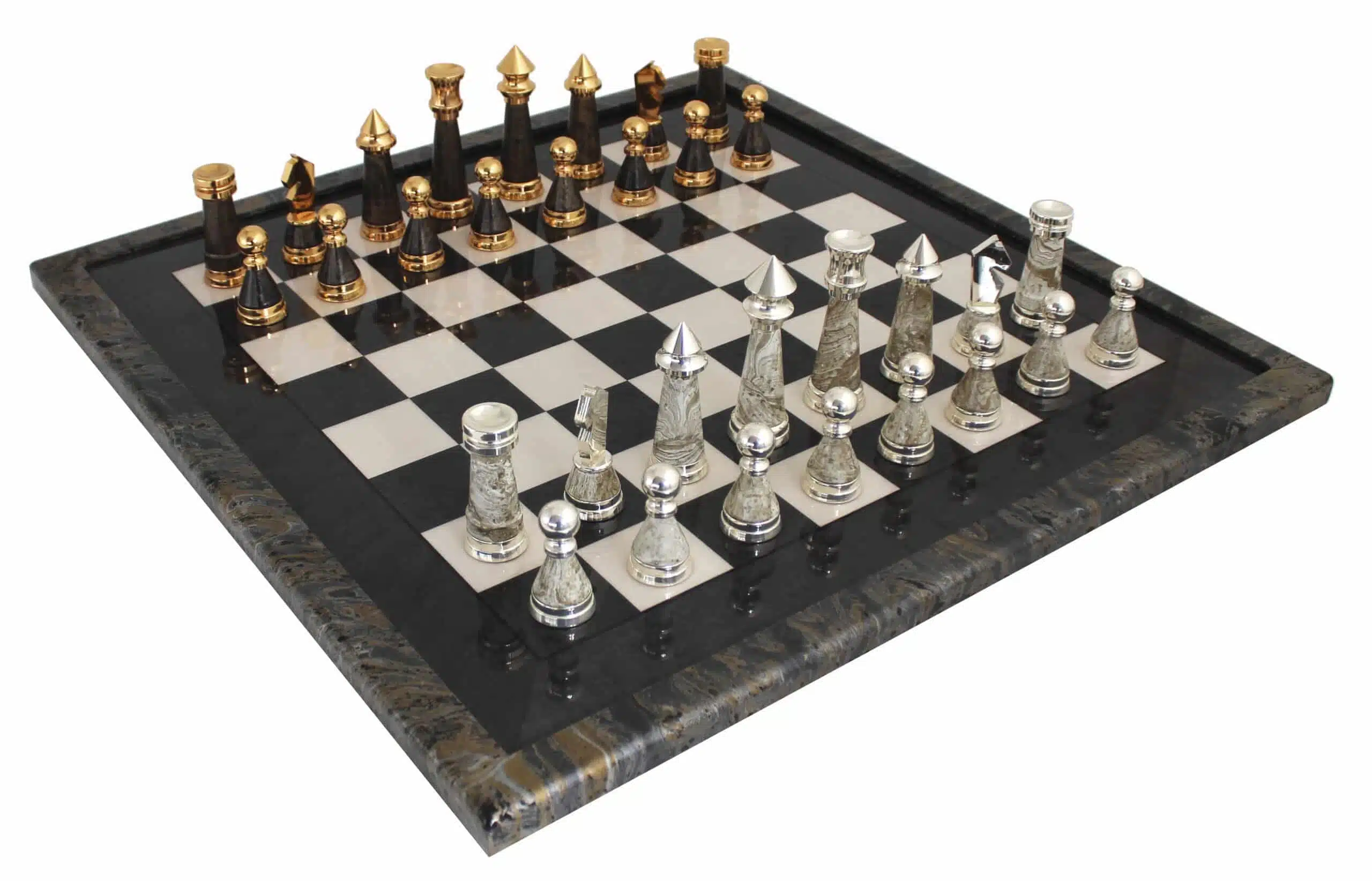 XL Staunton Moderne Schachset aus grünem Ahornholz & Schachspiel aus Messing und Holz mit Gold- und Silberbeschichtung