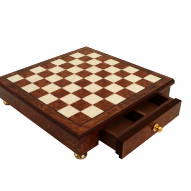 Schachbrett auf Holzfuß aus Ulme und Heidekraut mit Aufbewahrungsschublade