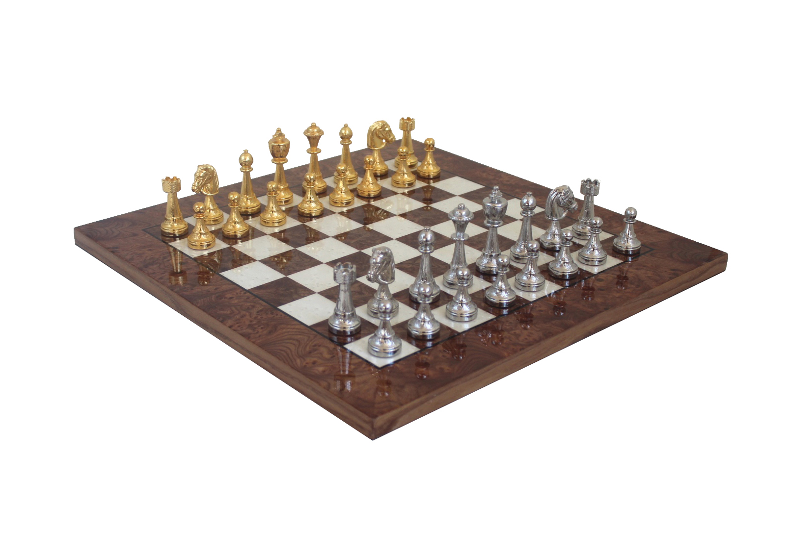 Schachbrett aus Ulmen- und Heideholz & Schachspiel aus massivem Gold- und Silberbeschichteten Metall