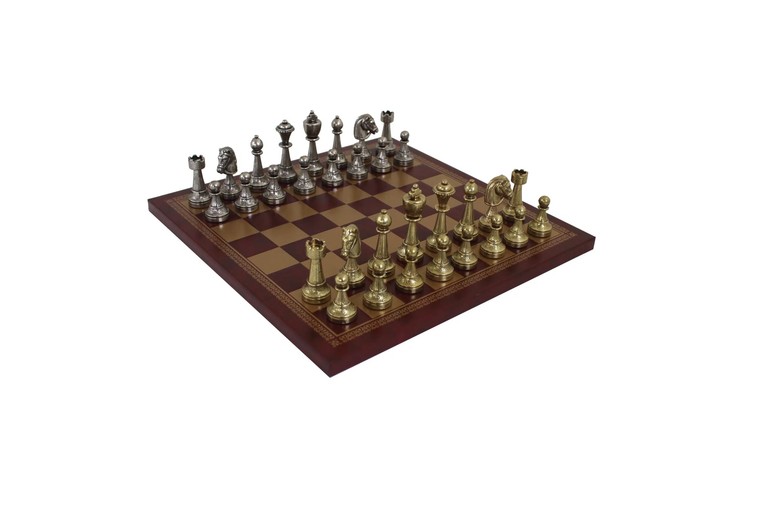 Staunton Schachspiel aus Metall & Schachbrett aus rotem / goldenem Kunstleder