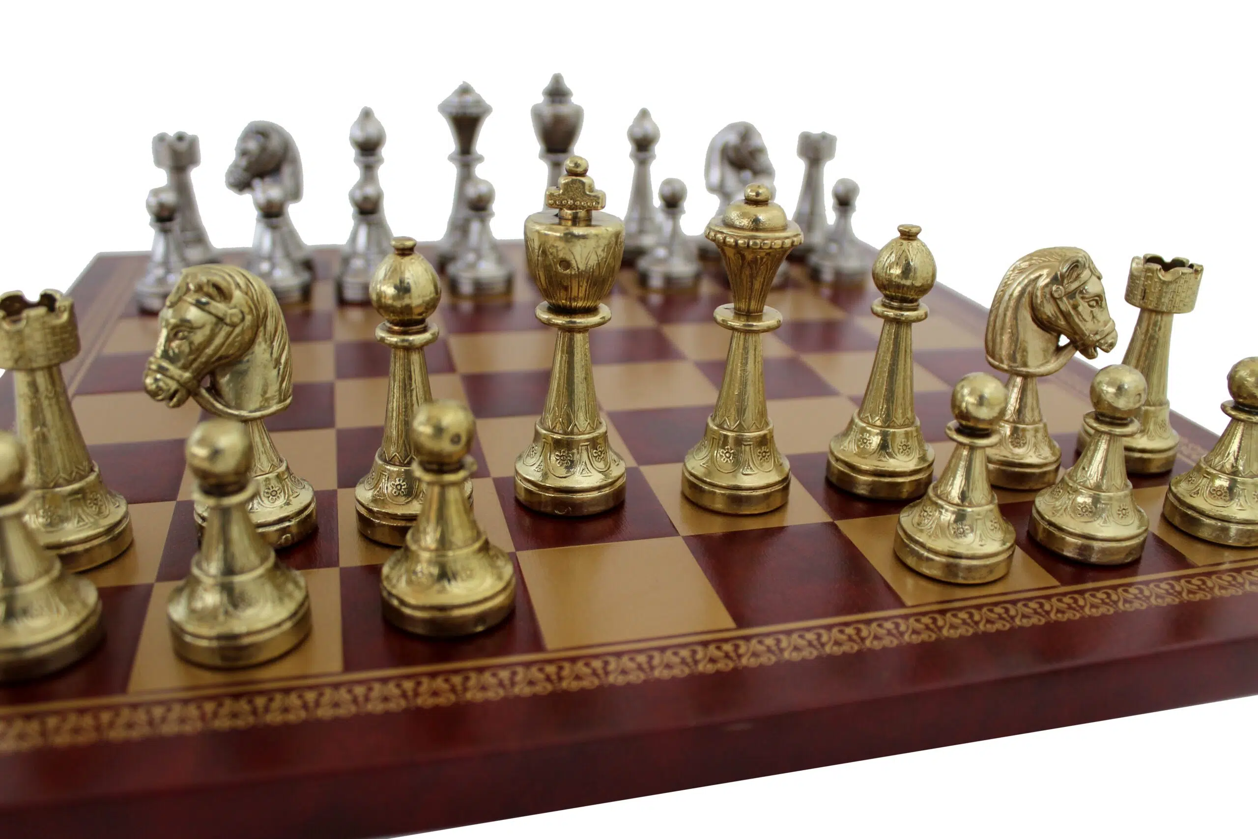 Staunton Schachspiel aus Metall & Schachbrett aus rotem / goldenem Kunstleder – Bild 2