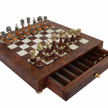 Alternative view of Schachbrett auf Holzfuß aus Ulme und Heidekraut mit Aufbewahrungsschublade und Schachfiguren aus Holz und Messing Staunton