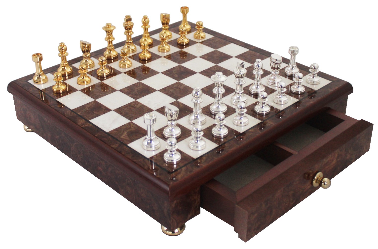 Schachfiguren Staunton aus Messing mit Gold- und Silberbeschichtung und Schachbrett auf Fuß mit Holzaufbewahrungsschublade