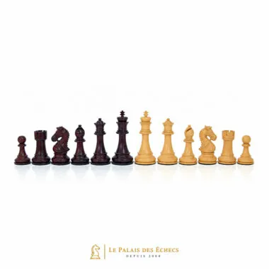 Schachfiguren aus dunklem Palisander-Wurzelholz und hellem Buchsbaum, Frontansicht