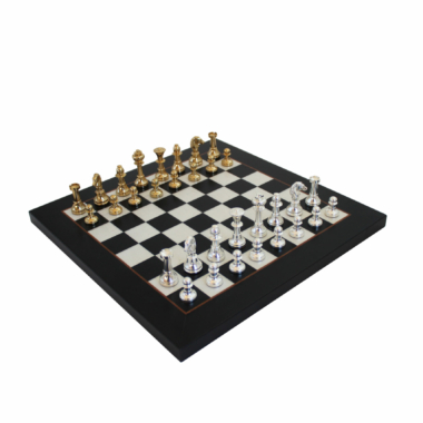 Ensemble Jeu d'Échecs en Laiton Massif Plaqué Or et Argent et Échiquier en Bois d'Érable