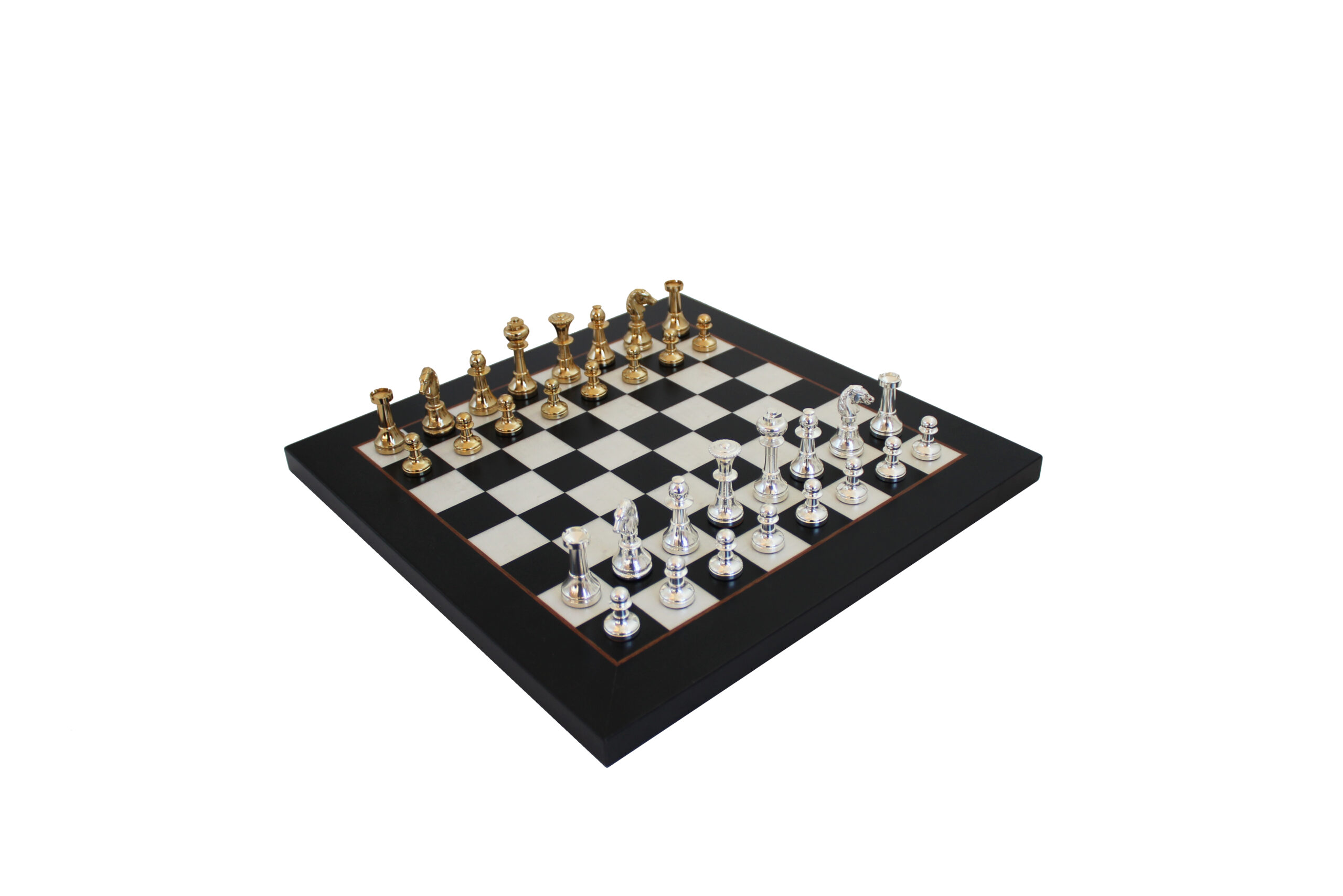 Ensemble Jeu d'Échecs en Laiton Massif Plaqué Or et Argent et Échiquier en Bois d'Érable
