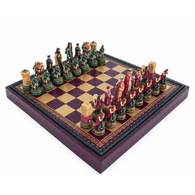 Camelot-Set: Schachbrett aus Kunstleder in Rot und Gold mit handbemalten Figuren