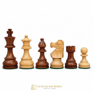 Staunton-Schachfiguren aus Akazie und Buchsbaum, Dame, Läufer, Springer und Turm